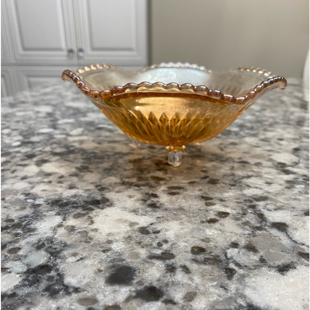 Vintage 1930’S Jeanette Marigold Iridescent Carnival Glass 3 Footed Dish